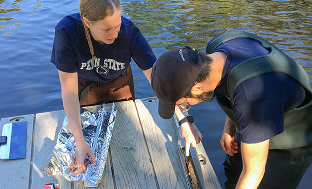 Two individuals standing at a dock in the water examining a specimen